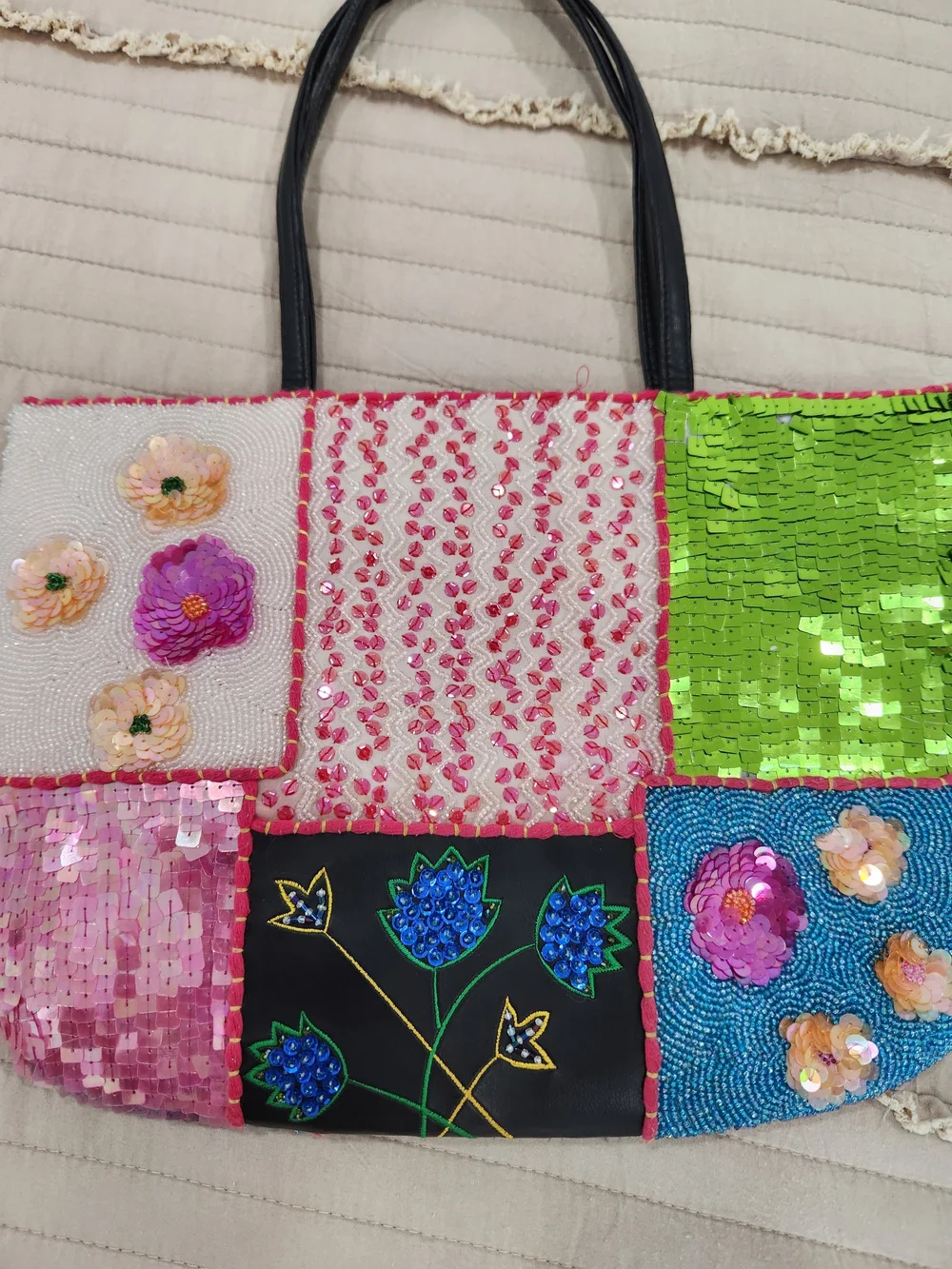 Vintage Christiana Hand Beaded Patch Work Tote Bag 90's Whimsigoth Boho